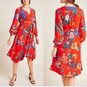 Anthropologie womens 0 red floral Boswell midi side belt colorful floral dress